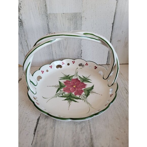 Portugal tray ceramic poinsettia red flower home decor xmas carrying plate - Picture 1 of 6